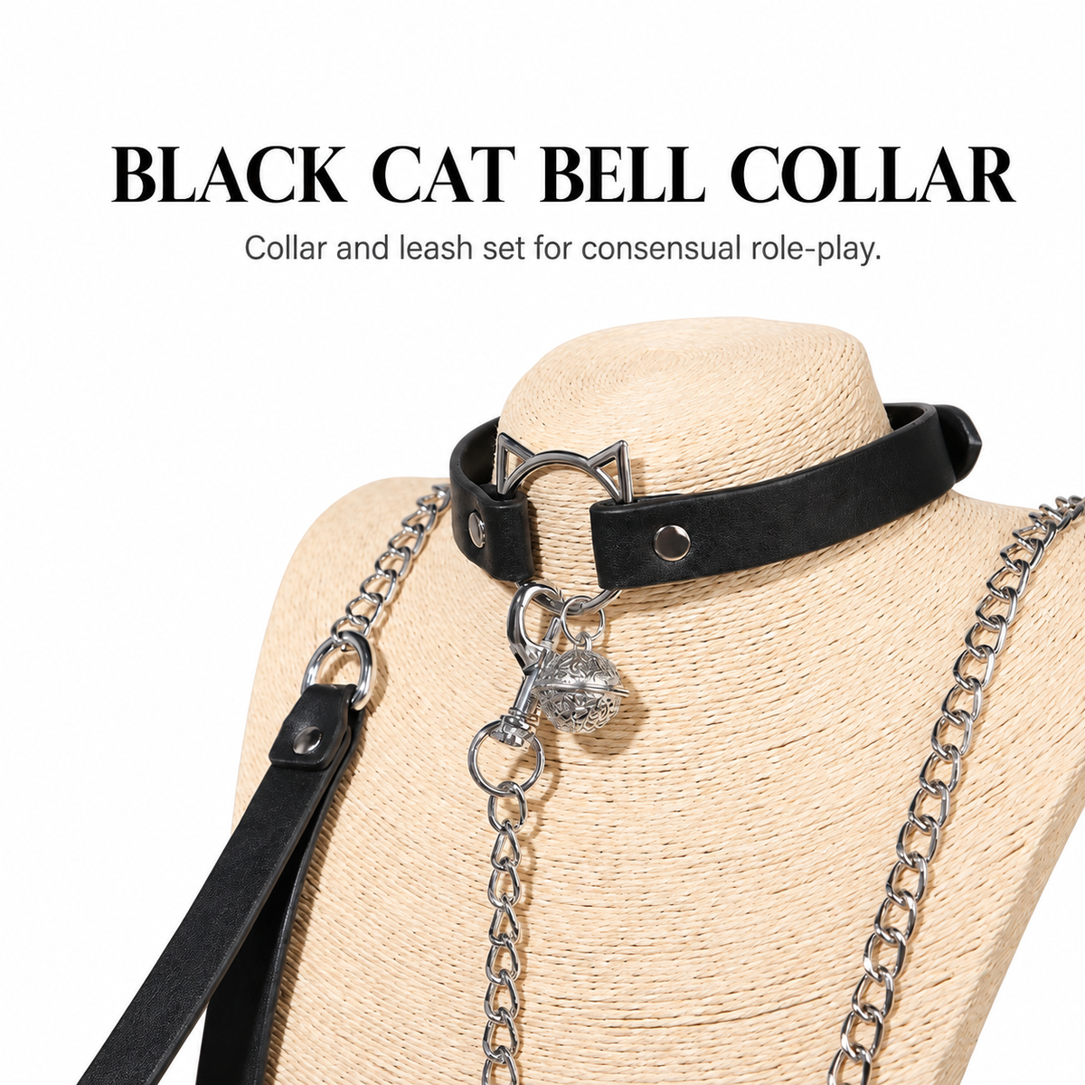 Black Cat Bell Collar & Leash Set | Adjustable PU BDSM Accessory